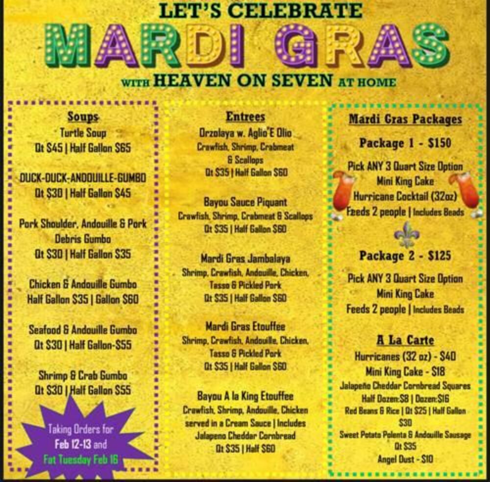Jimmy’s Famous Mardi Gras Special Menu (Courtesy of Heaven on Seven) for What to do in February: Celebrate Black History Month, Mardi Gras and More!