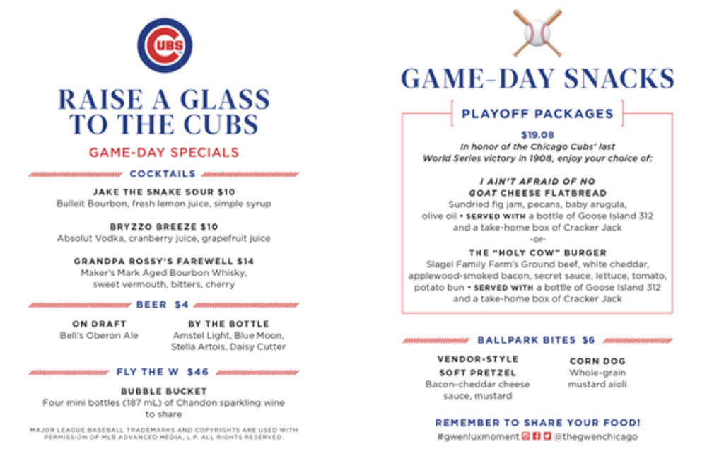 Full Playoff Menu for Cubs Playoff Specials at Upstairs at The Gwen