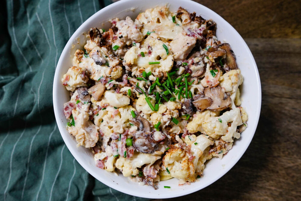 Cauliflower Carbonara at Kitchen Keto for Purple Plate Food Hall Now Open in Lincoln Park