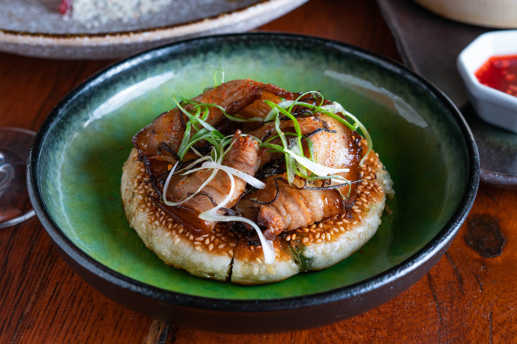 Tao Chinese New Year 0000 Tao Cny Sesame Scallion Bread Glazed Pork Belly Roasted Sesame Dip 5 for TAO Chicago's Chinese New Year Dinner on 2/5