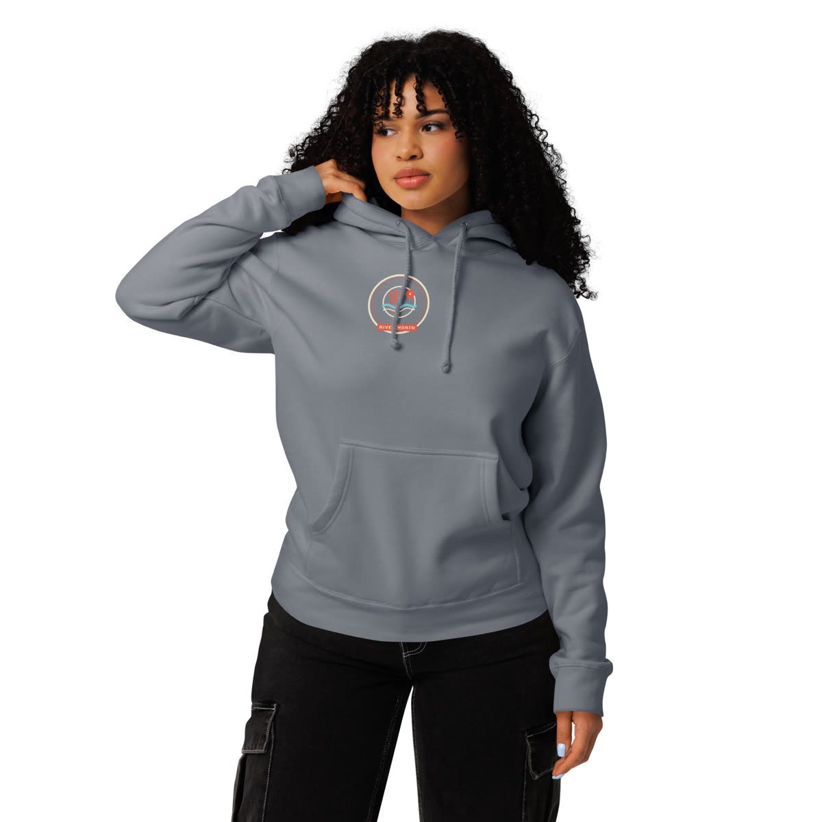 Model wearing the River North Heavyweight Hoodie with Supper Club artwork