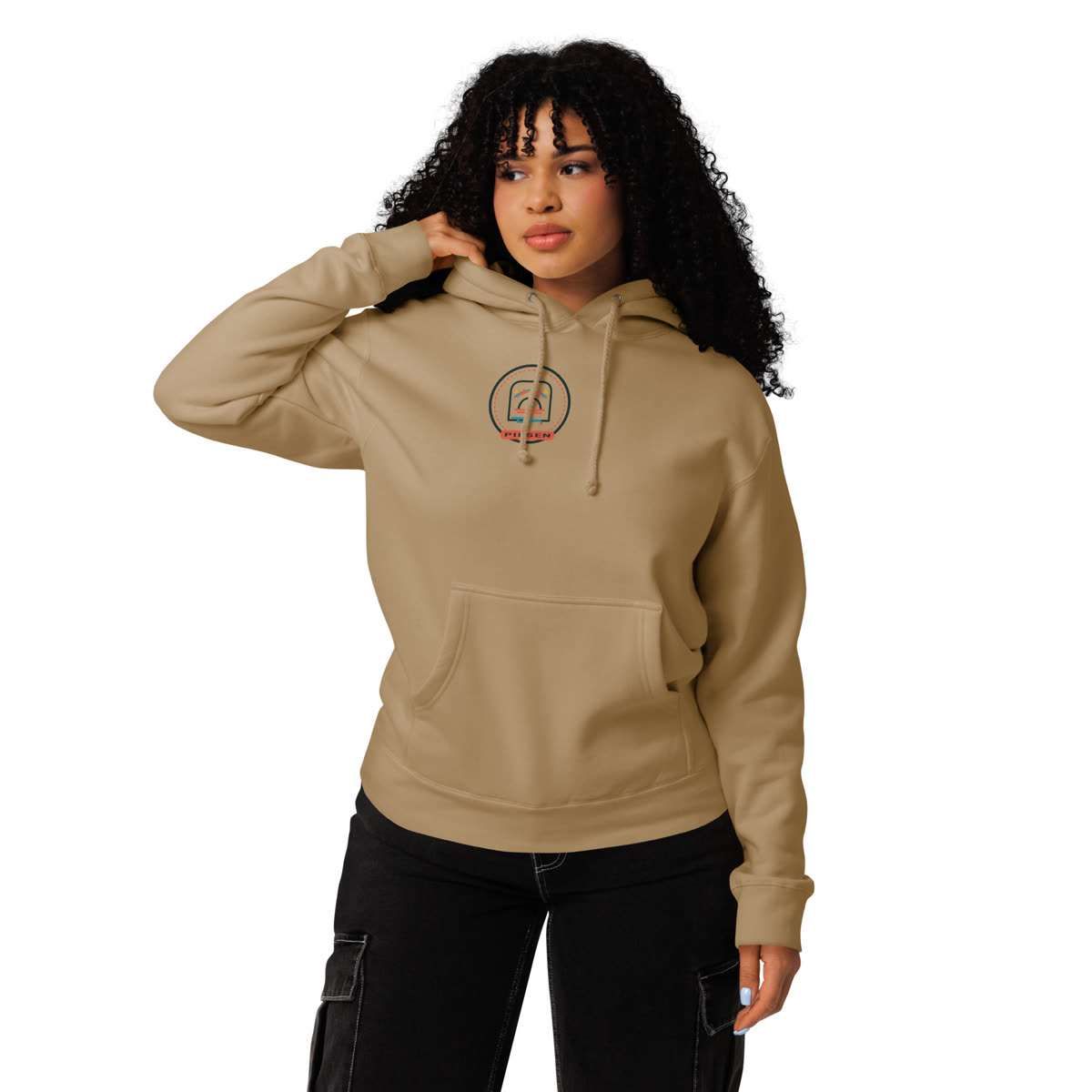 Model wearing the Pilsen Heavyweight Hoodie with Mural to Table artwork