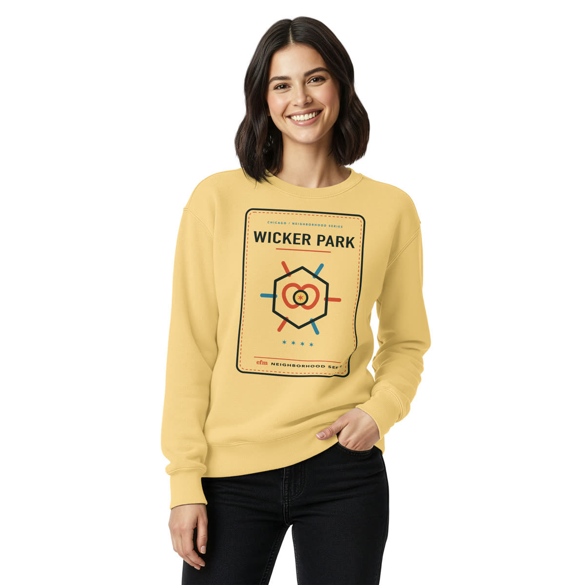 Model wearing the Wicker Park Garment-Dyed Crewneck with Cocktail Hour artwork