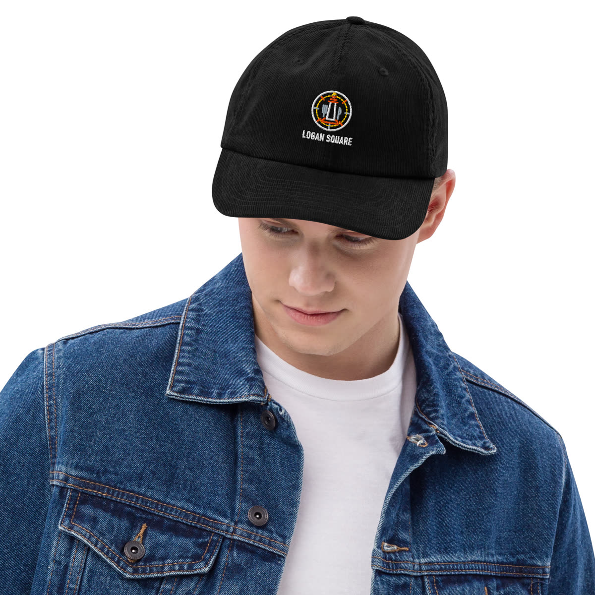 Model wearing the Logan Square Corduroy Cap with Square Meal artwork