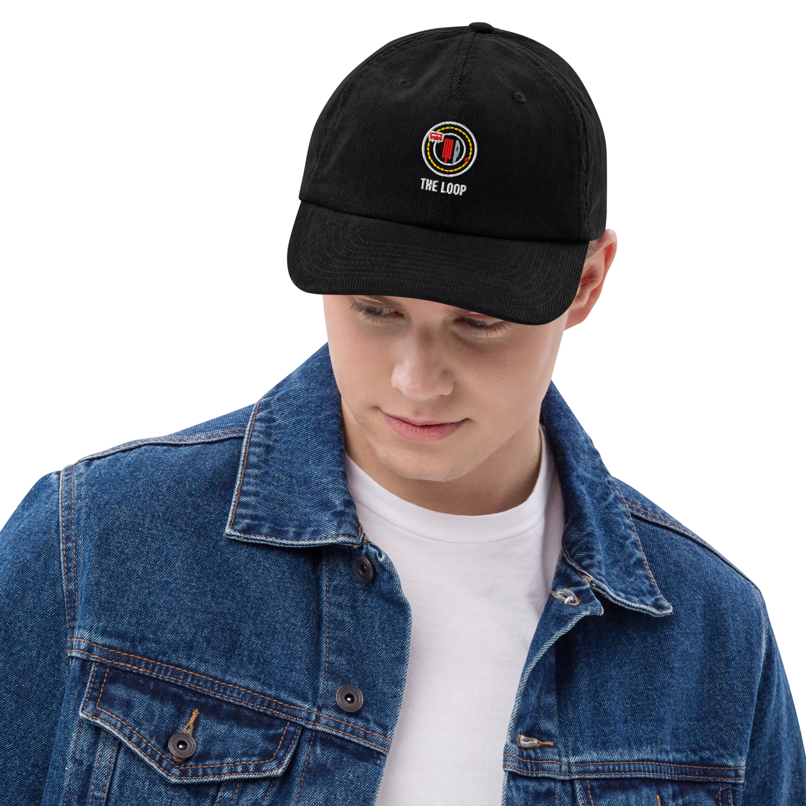 The Loop corduroy cap in Black, front view - Chicago Neighborhood Series