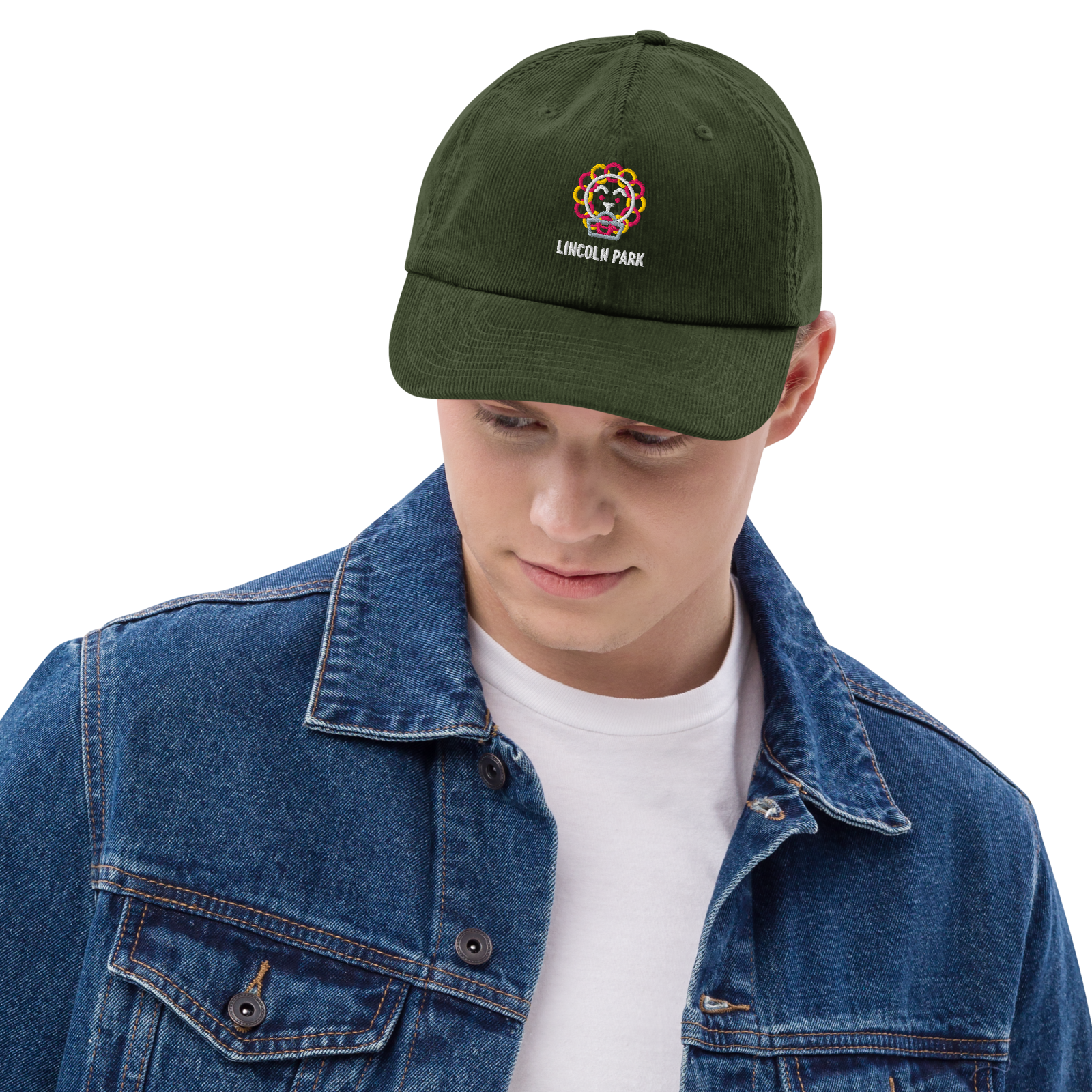Lincoln Park corduroy cap in Dark Olive, front view - Chicago Neighborhood Series