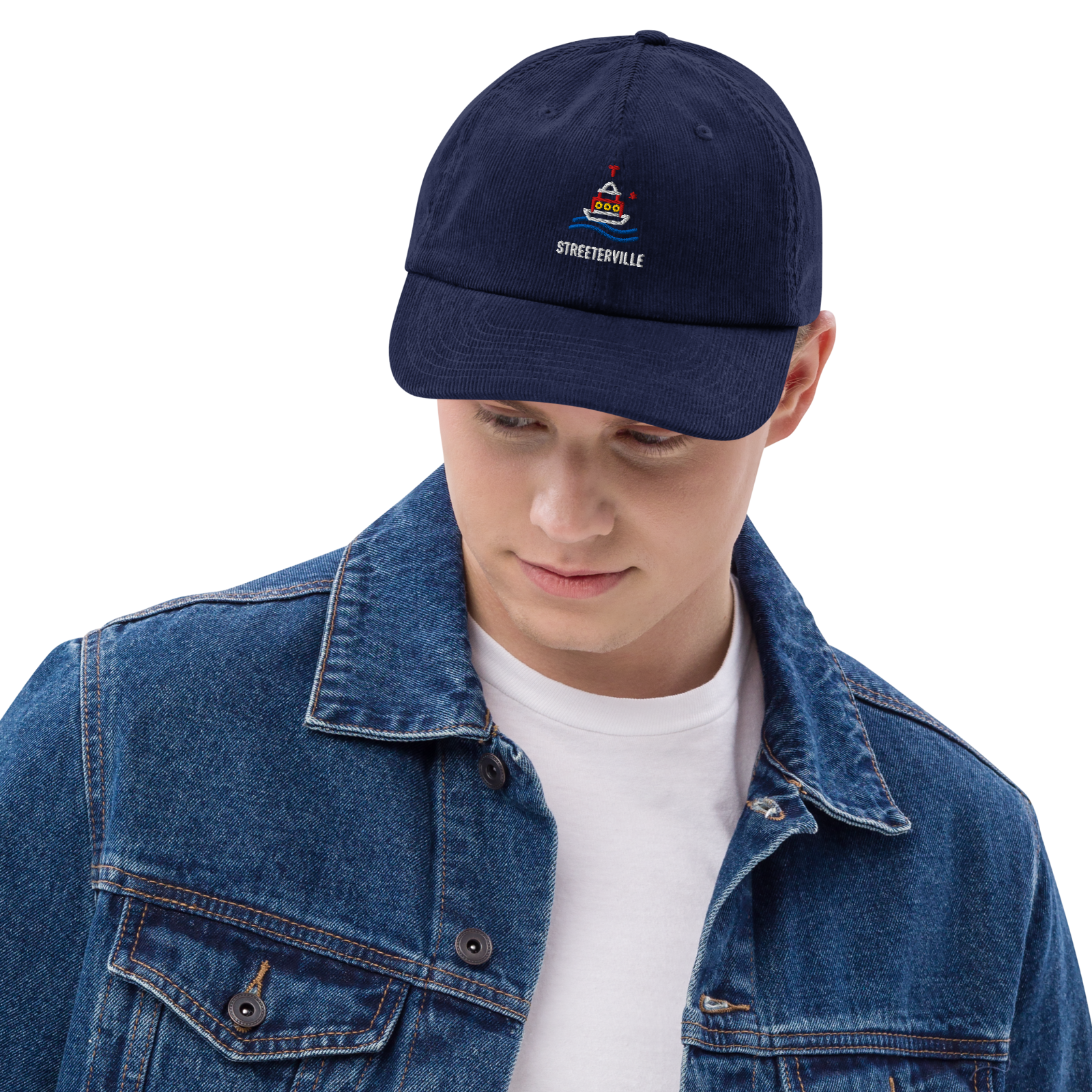 Streeterville corduroy cap in Oxford Navy, front view - Chicago Neighborhood Series