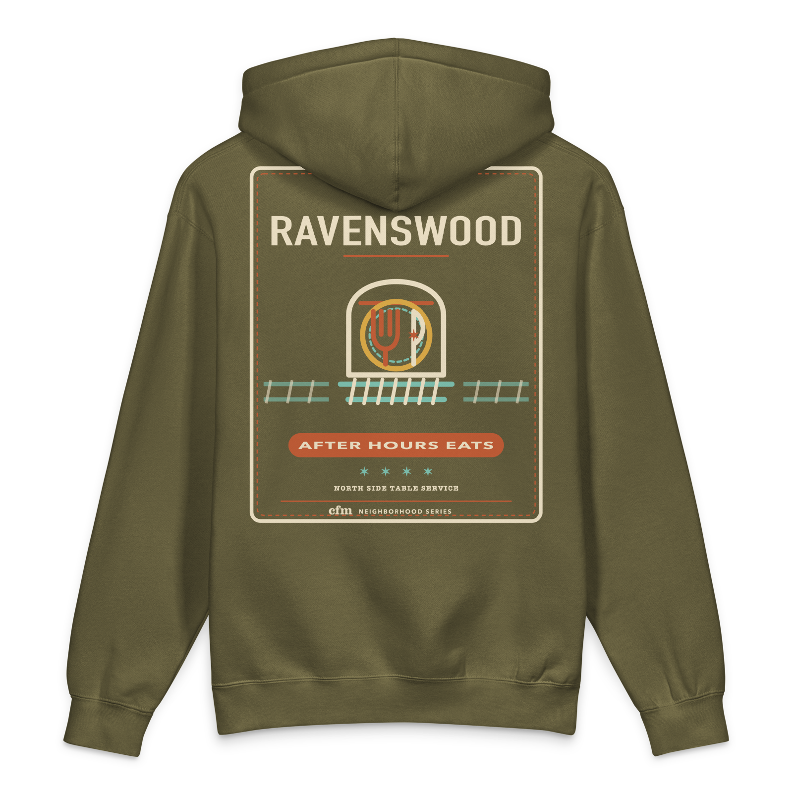 Ravenswood heavyweight hoodie in Army, back view - Chicago Neighborhood Series