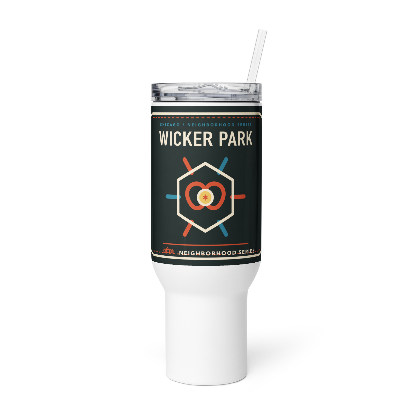 Wicker Park 40 oz travel mug in White, product view - Chicago Neighborhood Series