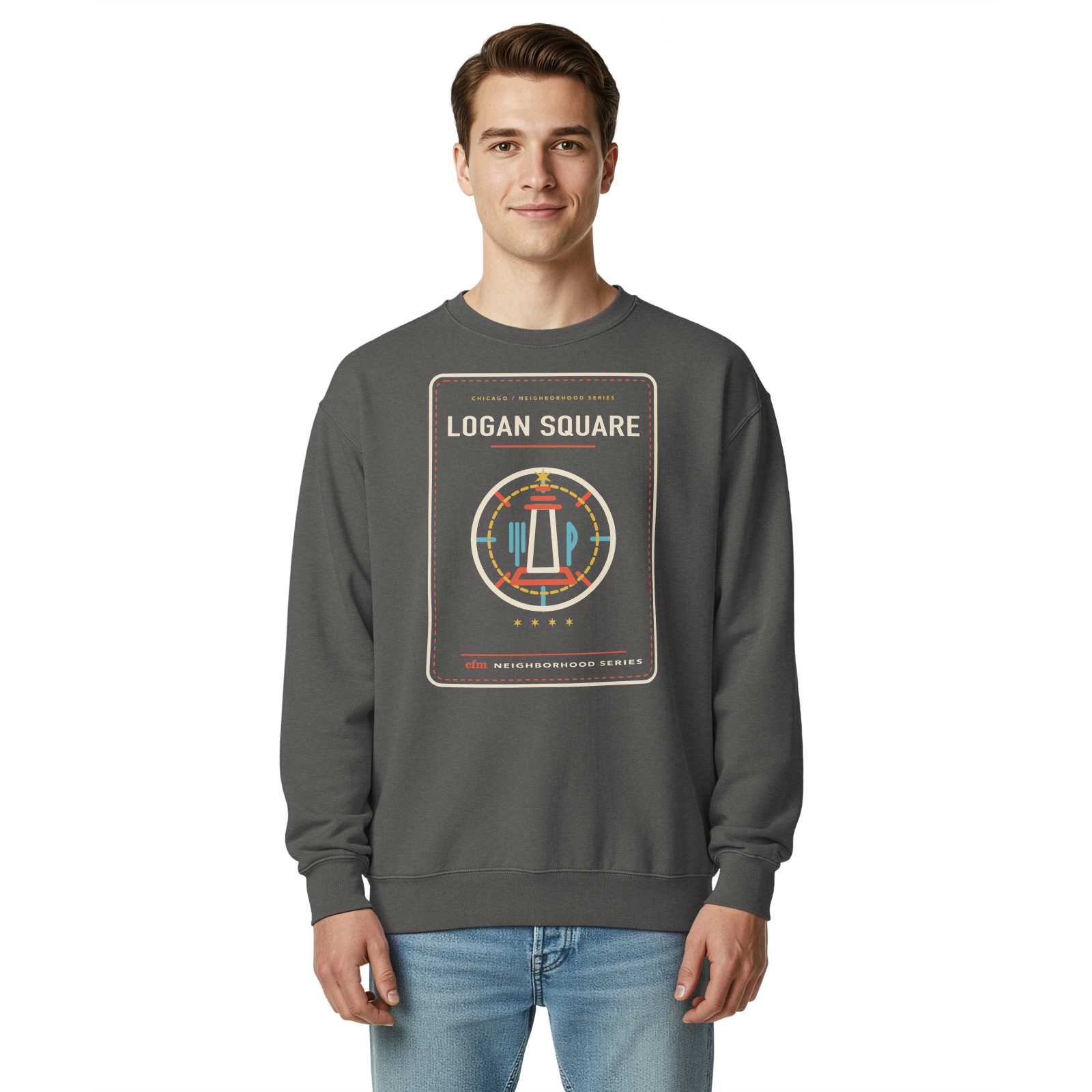 Logan Square garment-dyed crewneck in Pepper, front view - Chicago Neighborhood Series