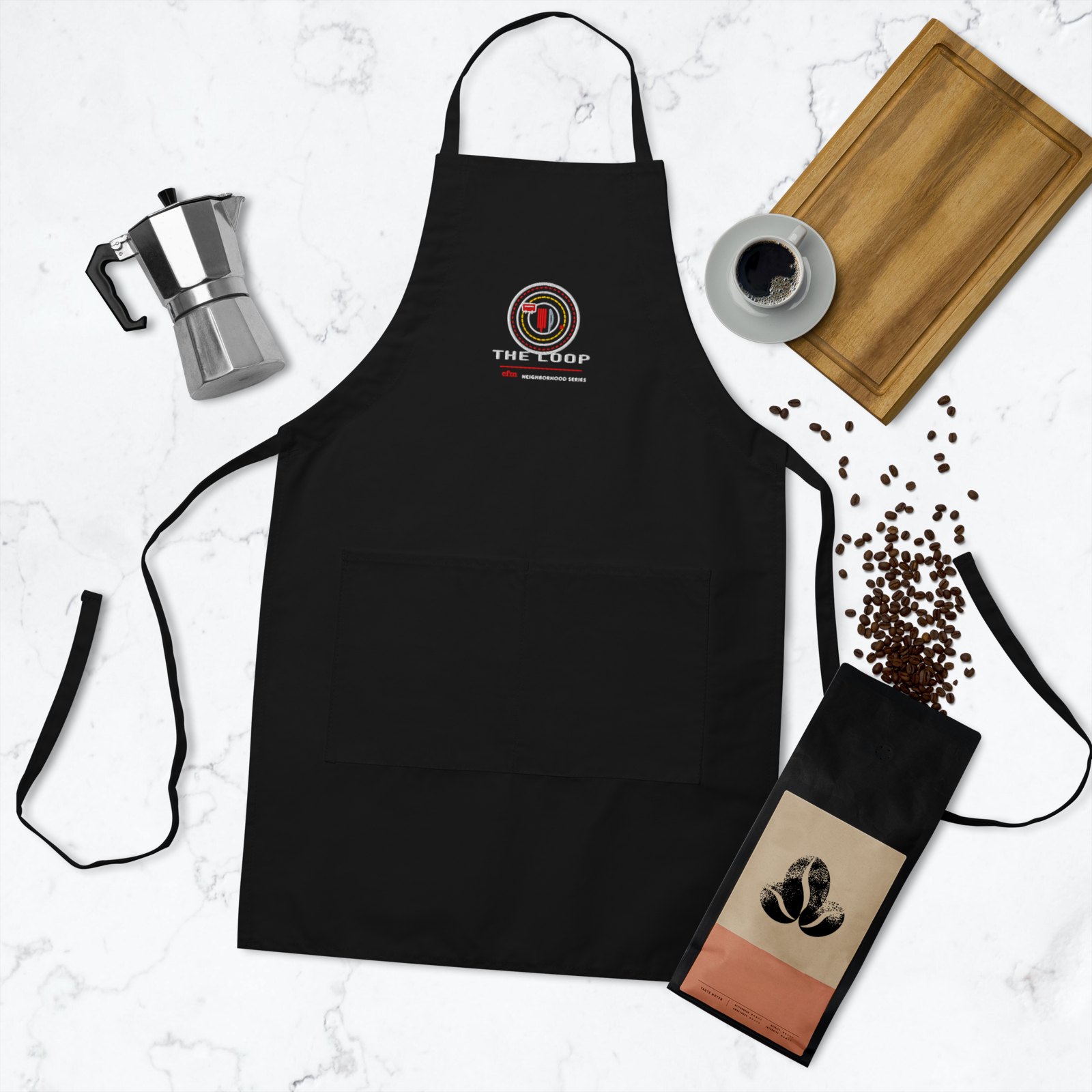 The Loop embroidered chef apron in Black, front view - Chicago Neighborhood Series