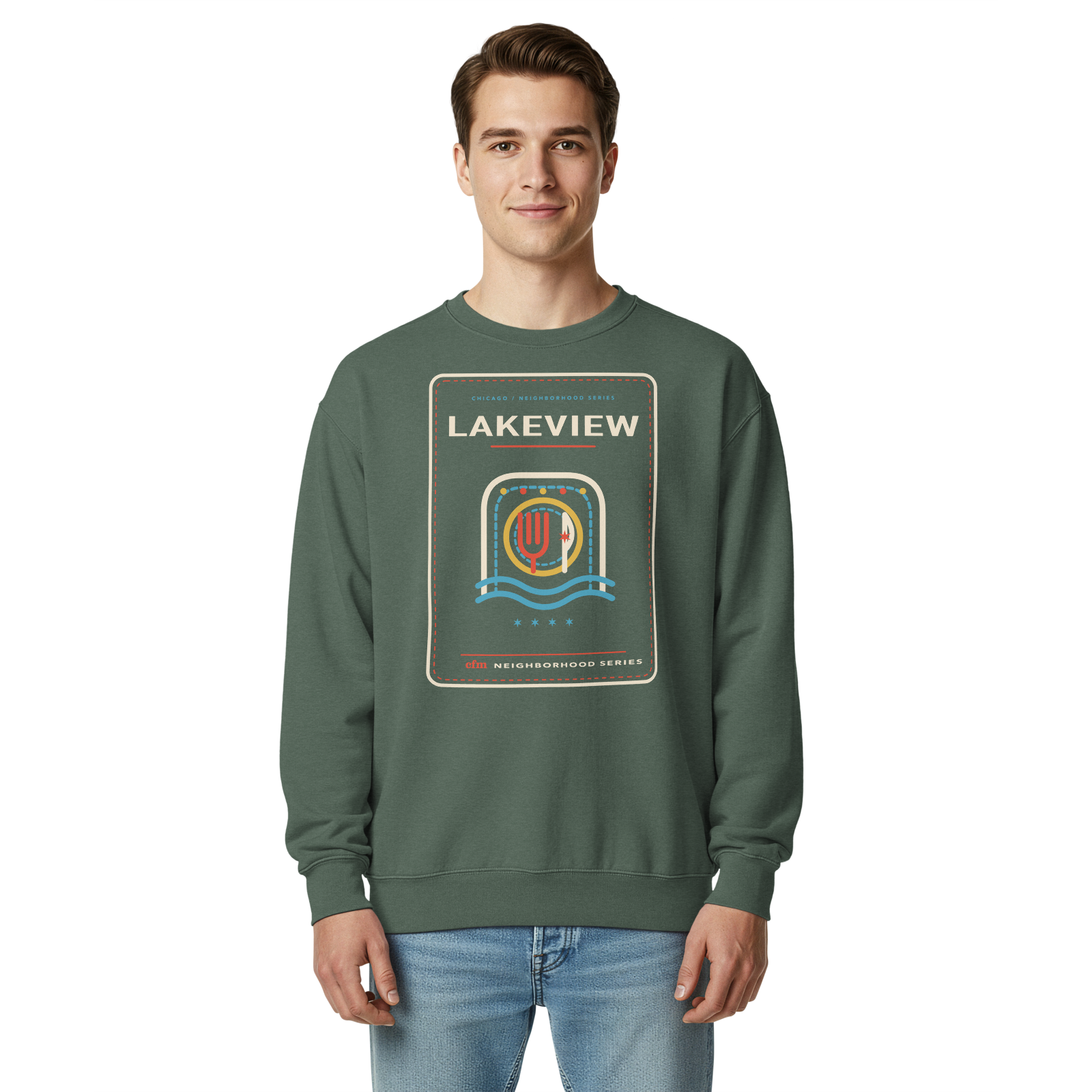 Lakeview garment-dyed crewneck in Blue Spruce, front view - Chicago Neighborhood Series
