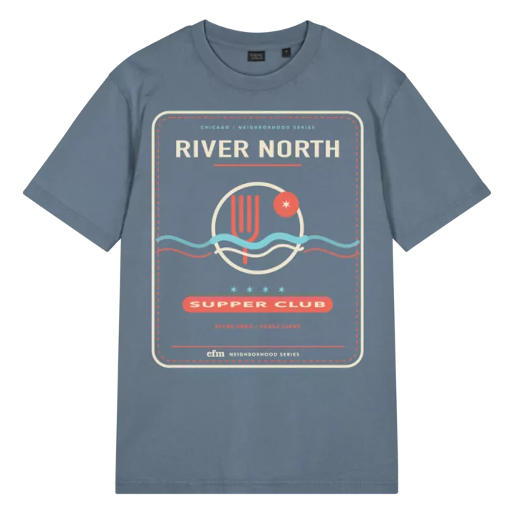 River North garment-dyed t-shirt in G. Dyed Deep Teal, front view - Chicago Neighborhood Series
