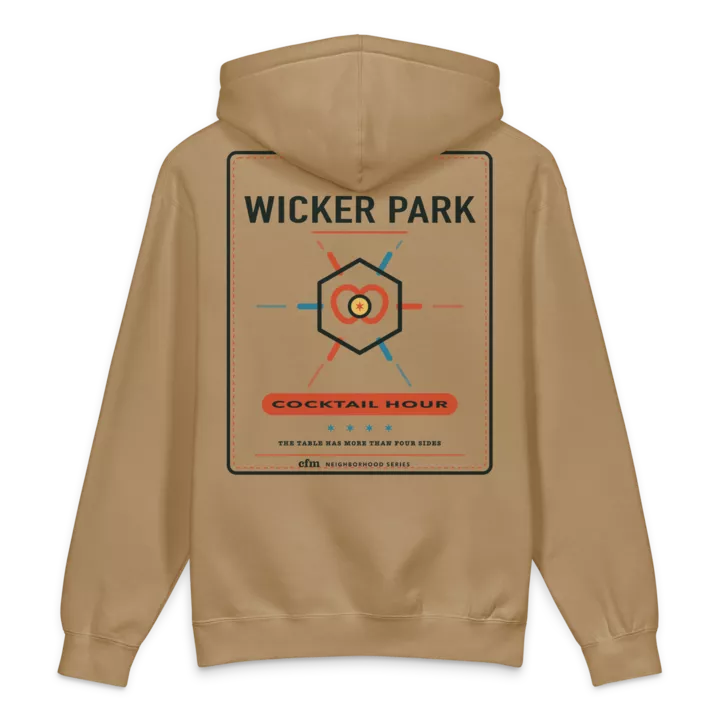 Wicker Park heavyweight hoodie in Sandstone, back view - Chicago Neighborhood Series