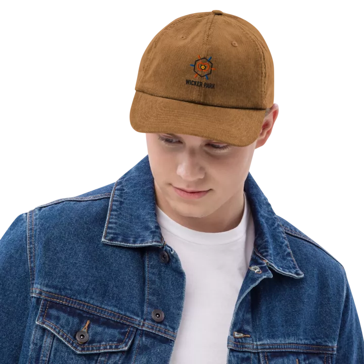 Wicker Park corduroy cap in Camel, front view - Chicago Neighborhood Series