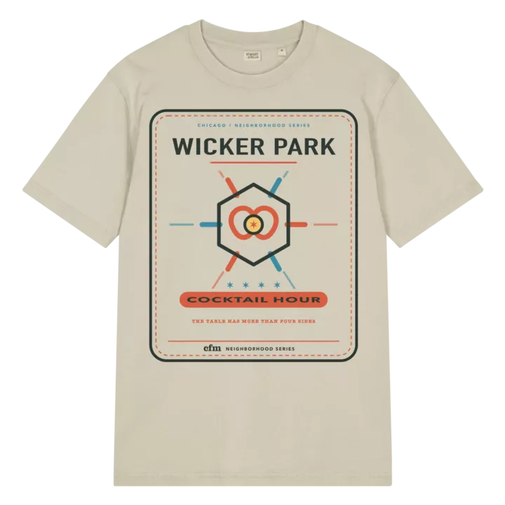 Wicker Park garment-dyed t-shirt in G. Dyed Stone, front view - Chicago Neighborhood Series