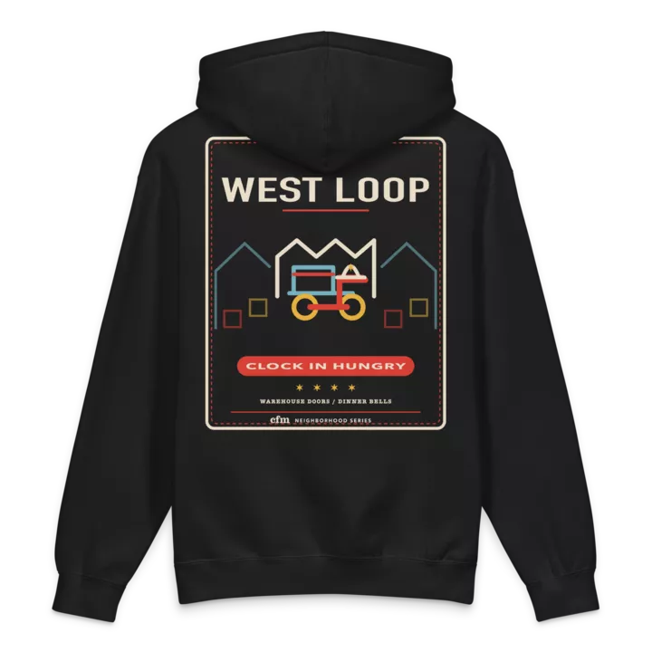 West Loop heavyweight hoodie in Black, back view - Chicago Neighborhood Series