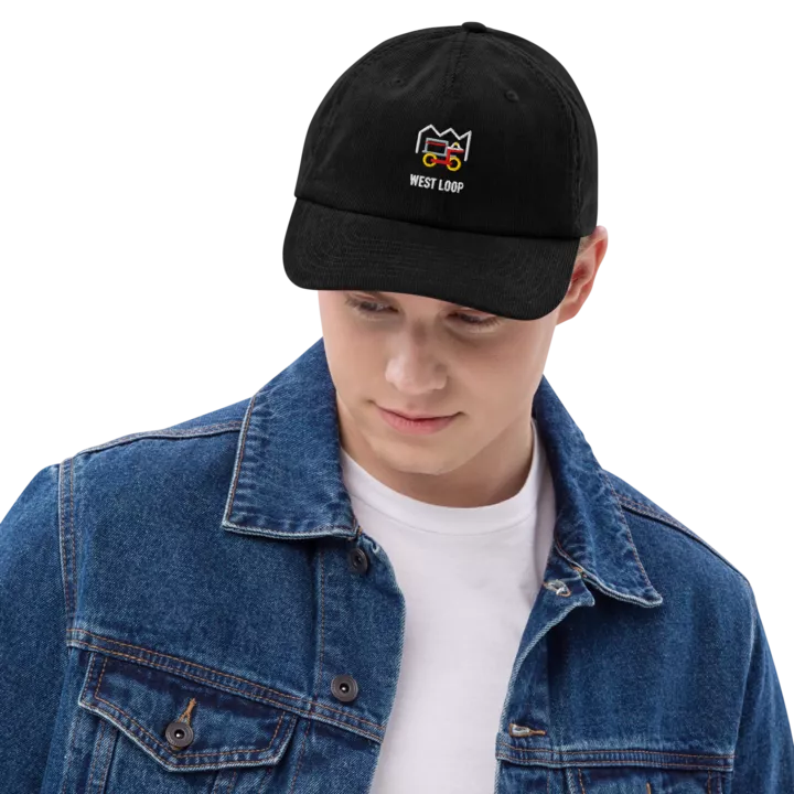 West Loop corduroy cap in Black, front view - Chicago Neighborhood Series