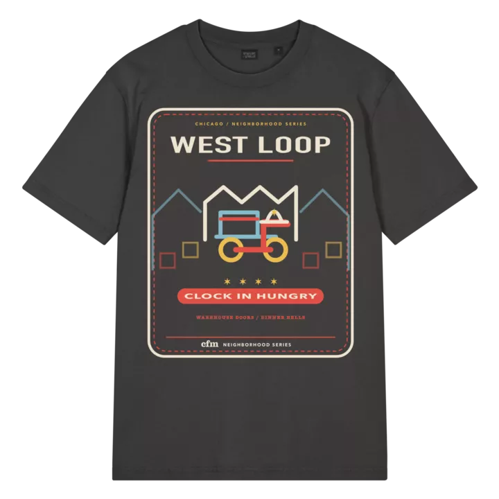 West Loop garment-dyed t-shirt in G. Dyed Black Rock, front view - Chicago Neighborhood Series