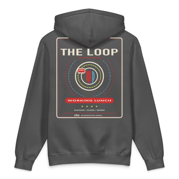The Loop heavyweight hoodie in Charcoal Solid, back view - Chicago Neighborhood Series