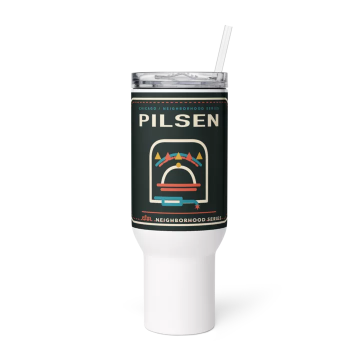 Pilsen 40 oz travel mug in White, product view - Chicago Neighborhood Series