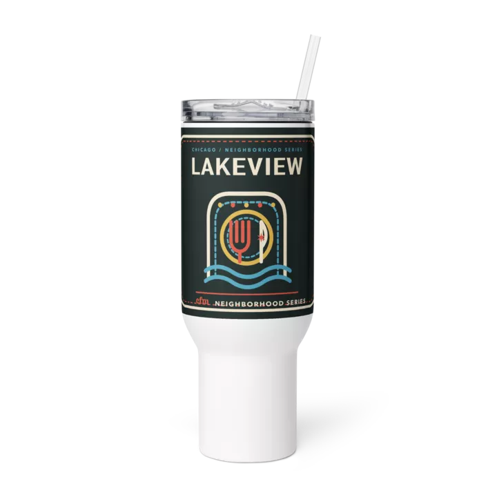 Lakeview 40 oz travel mug in White, product view - Chicago Neighborhood Series