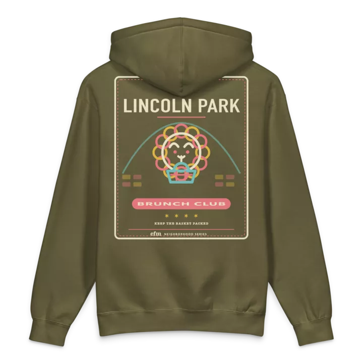 Lincoln Park heavyweight hoodie in Army, back view - Chicago Neighborhood Series