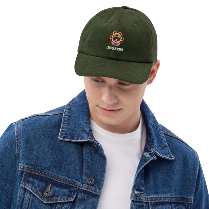 Lincoln Park corduroy cap in Dark Olive, front view - Chicago Neighborhood Series