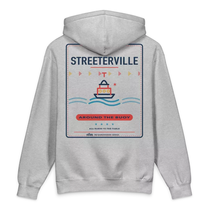 Streeterville heavyweight hoodie in Grey Heather, back view - Chicago Neighborhood Series
