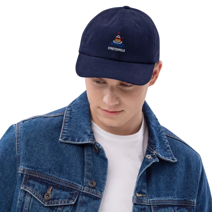 Streeterville corduroy cap in Oxford Navy, front view - Chicago Neighborhood Series