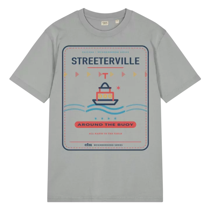 Streeterville garment-dyed t-shirt in G. Dyed Misty Grey, front view - Chicago Neighborhood Series