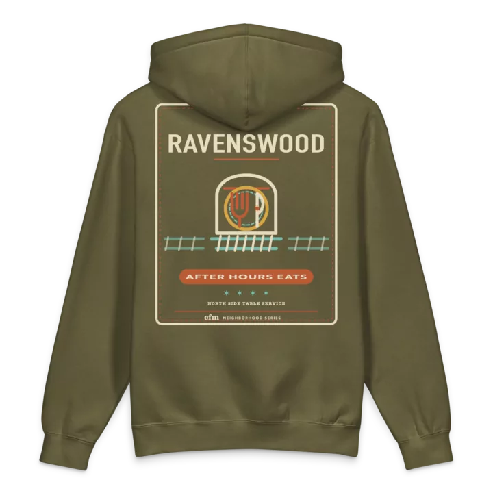 Ravenswood heavyweight hoodie in Army, back view - Chicago Neighborhood Series