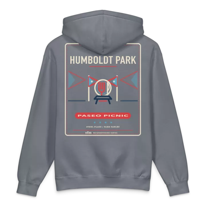 Humboldt Park heavyweight hoodie in Storm Blue, back view - Chicago Neighborhood Series