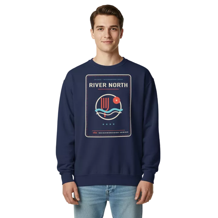 River North garment-dyed crewneck in True Navy, front view - Chicago Neighborhood Series