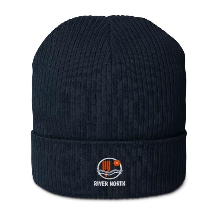 River North organic ribbed beanie in Oxford Navy, front view - Chicago Neighborhood Series