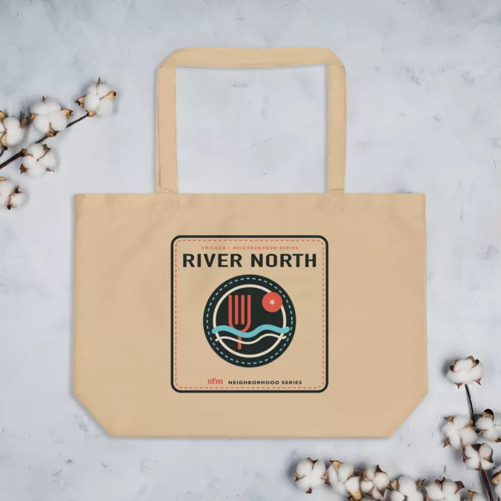 River North large organic market tote in Oyster, front view - Chicago Neighborhood Series
