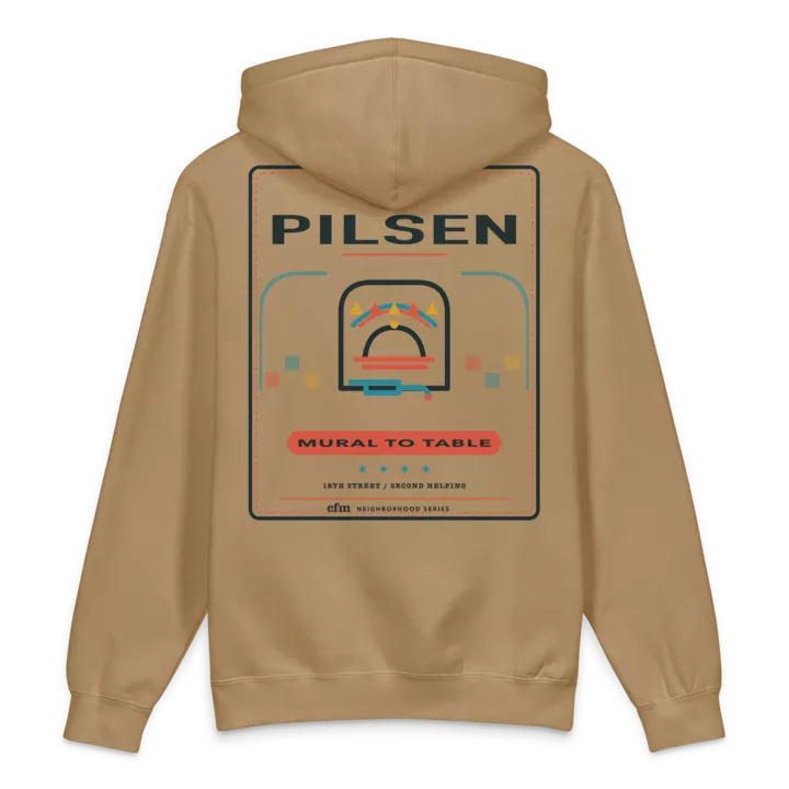 Pilsen heavyweight hoodie in Sandstone, back view - Chicago Neighborhood Series