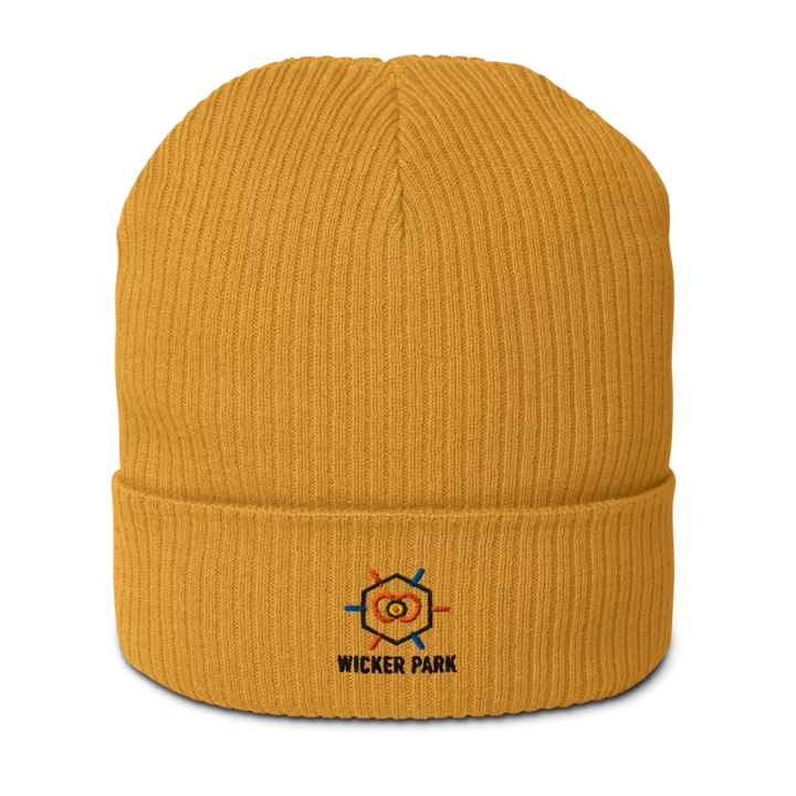 Wicker Park organic ribbed beanie in Mustard Yellow, front view - Chicago Neighborhood Series