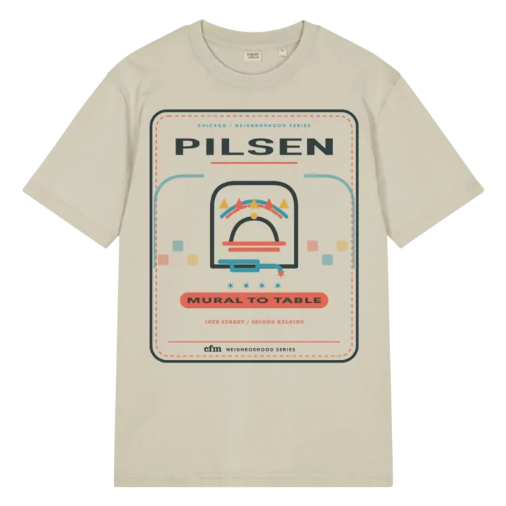 Pilsen garment-dyed t-shirt in G. Dyed Stone, front view - Chicago Neighborhood Series