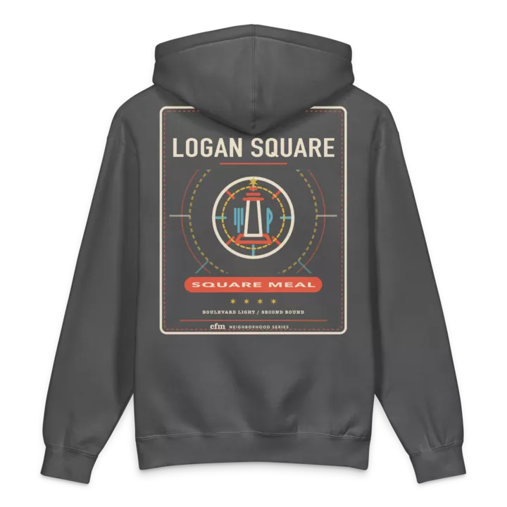 Logan Square heavyweight hoodie in Charcoal Solid, back view - Chicago Neighborhood Series
