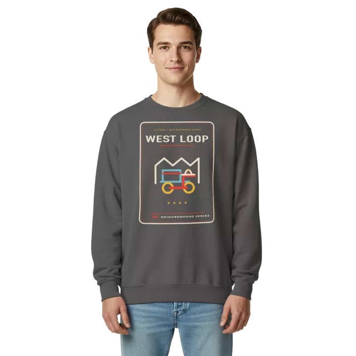West Loop garment-dyed crewneck in Pepper, front view - Chicago Neighborhood Series