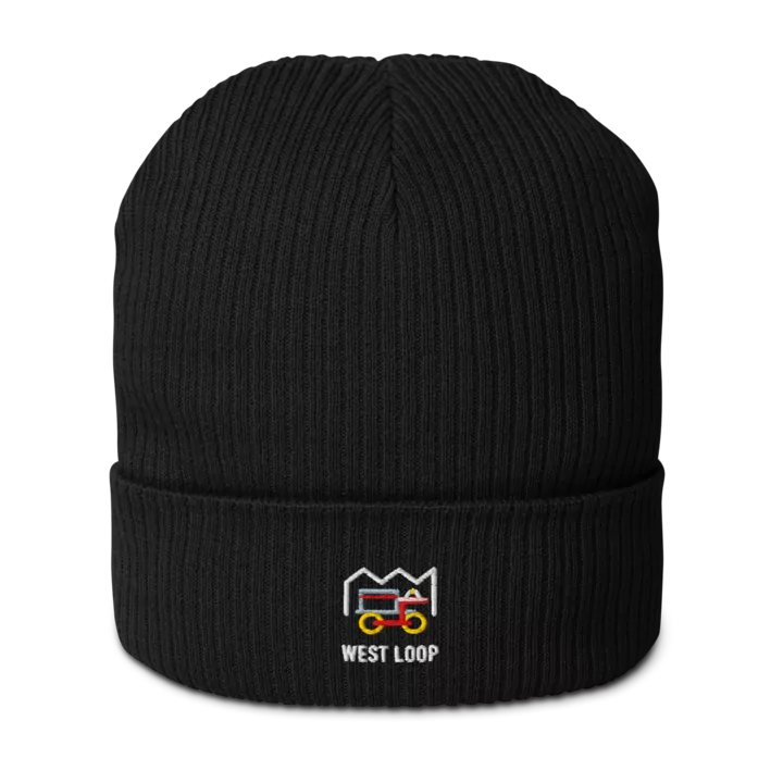 West Loop organic ribbed beanie in Black, front view - Chicago Neighborhood Series