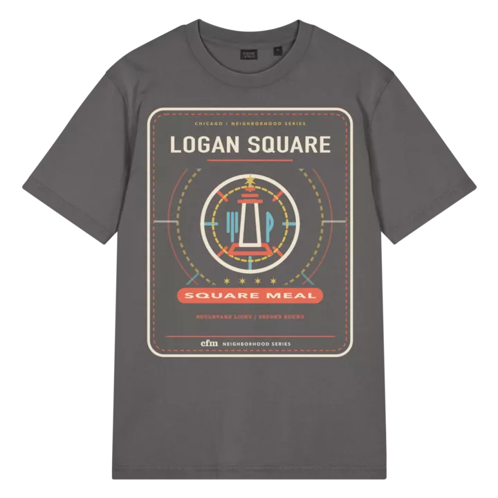 Logan Square garment-dyed t-shirt in G. Dyed Anthracite, front view - Chicago Neighborhood Series