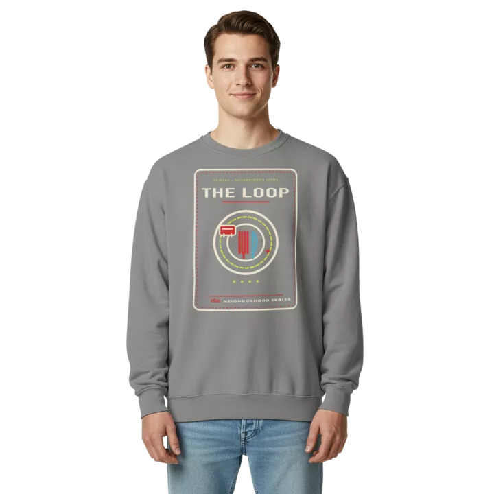 The Loop garment-dyed crewneck in Grey, front view - Chicago Neighborhood Series