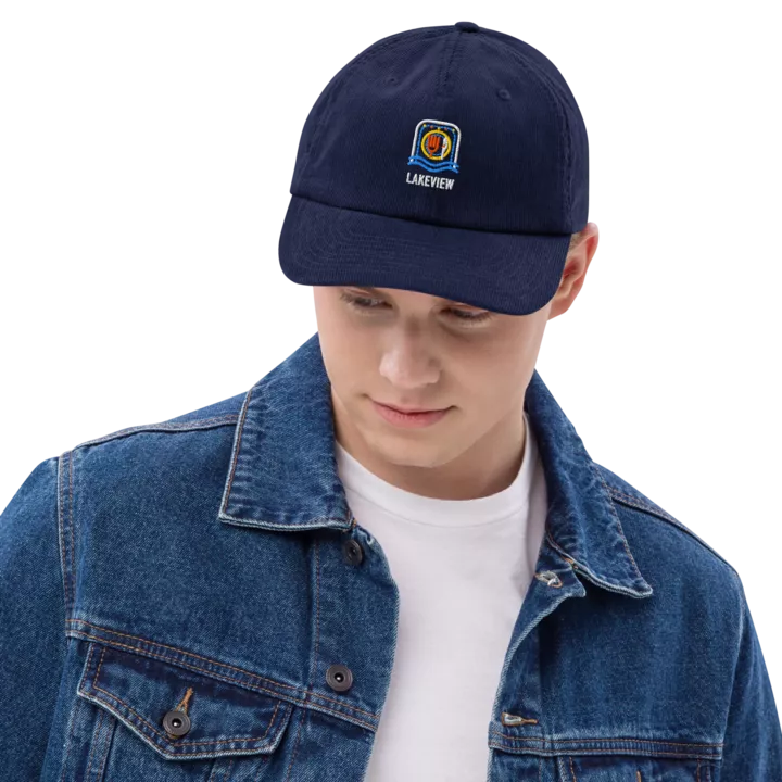 Lakeview corduroy cap in Oxford Navy, front view - Chicago Neighborhood Series