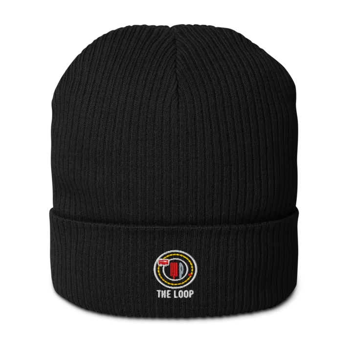 The Loop organic ribbed beanie in Black, front view - Chicago Neighborhood Series