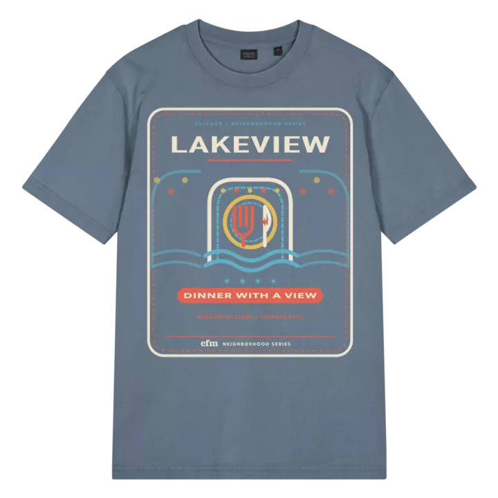 Lakeview garment-dyed t-shirt in G. Dyed Deep Teal, front view - Chicago Neighborhood Series