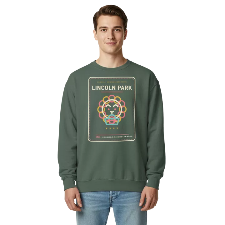 Lincoln Park garment-dyed crewneck in Blue Spruce, front view - Chicago Neighborhood Series