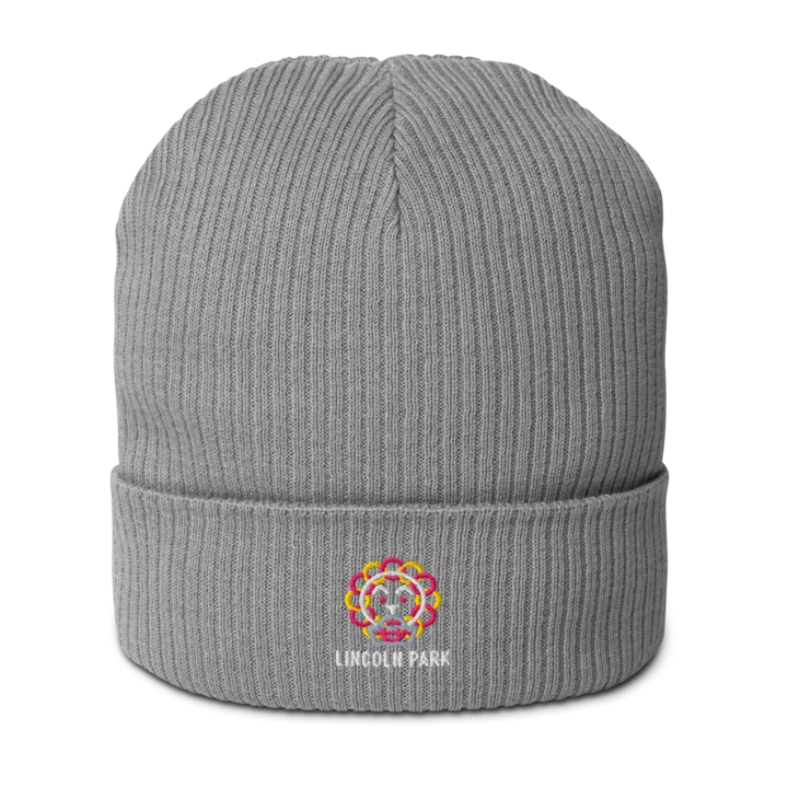 Lincoln Park organic ribbed beanie in Light Grey, front view - Chicago Neighborhood Series