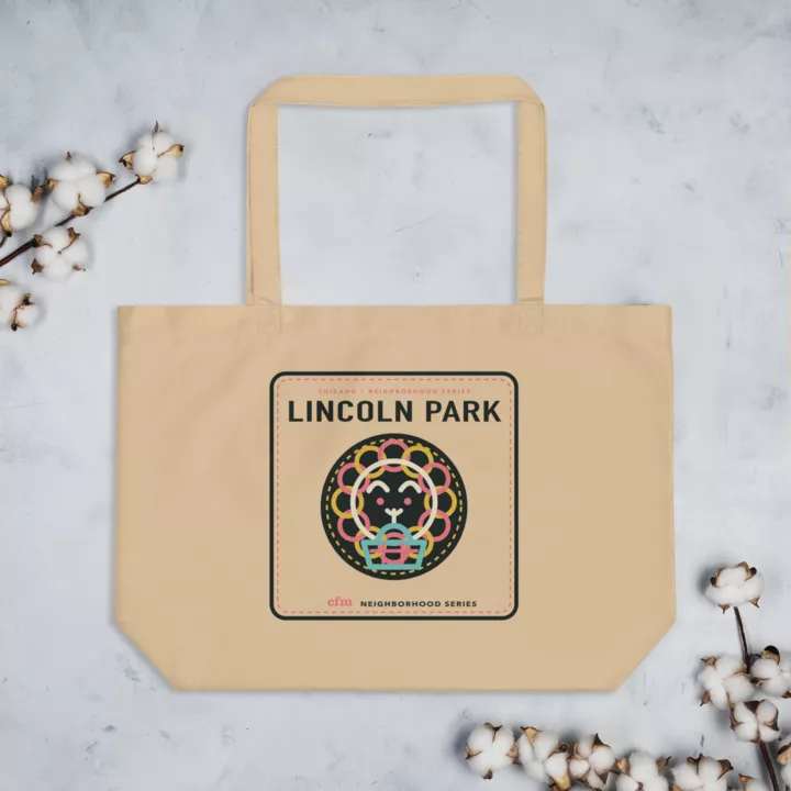 Lincoln Park large organic market tote in Oyster, front view - Chicago Neighborhood Series